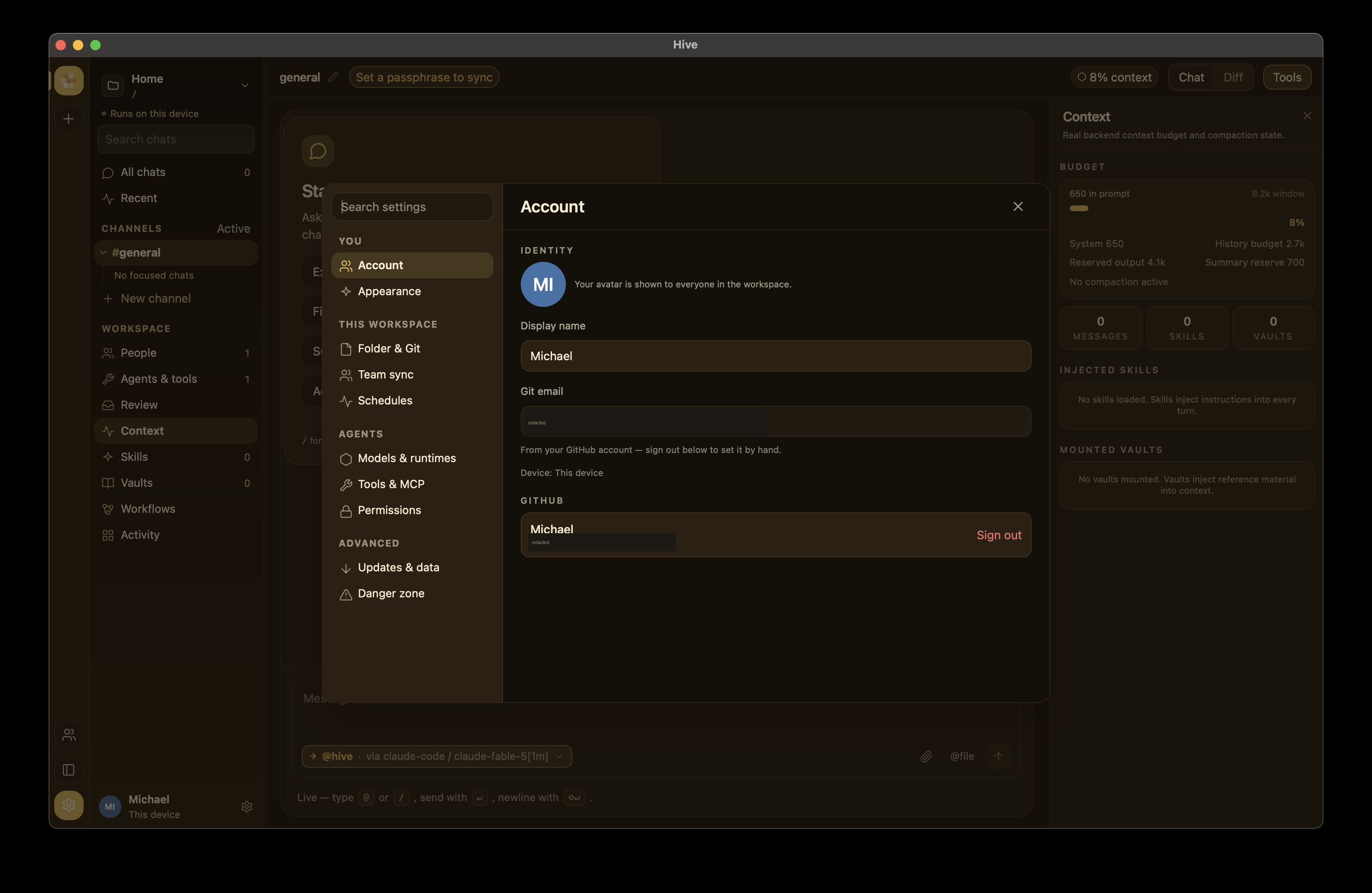 Settings — Account tab