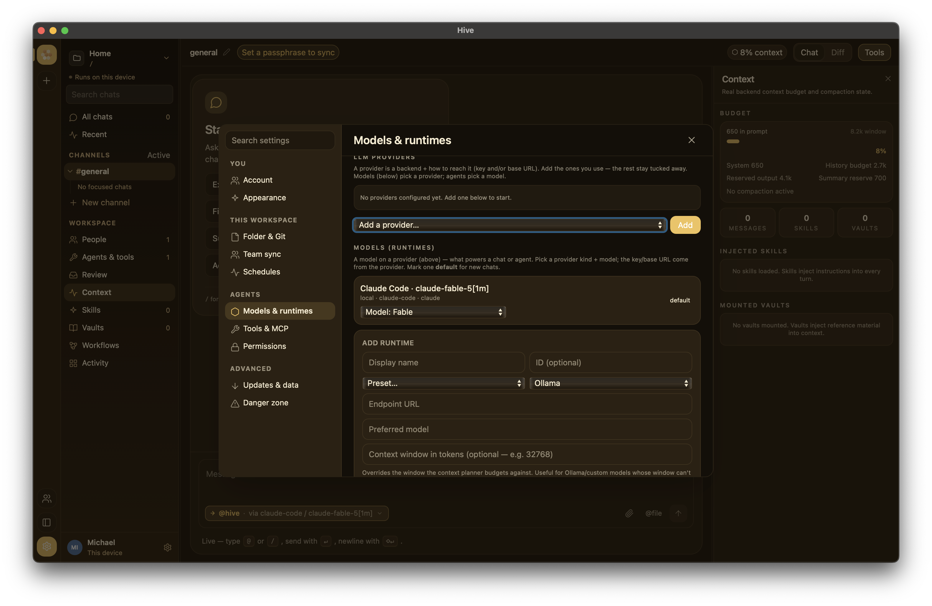 Settings → Models & runtimes tab