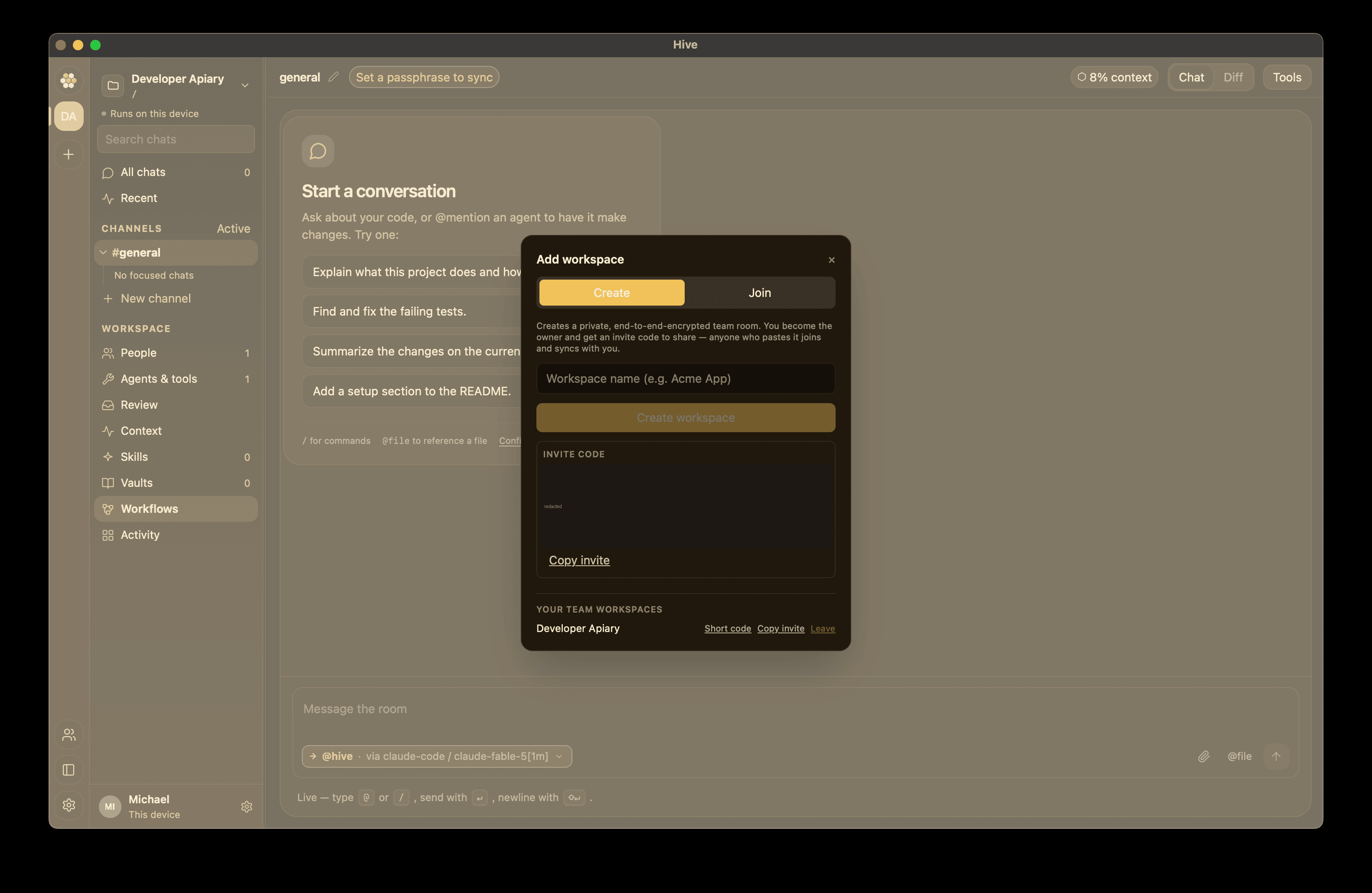 Creating a team â the invite code is redacted here