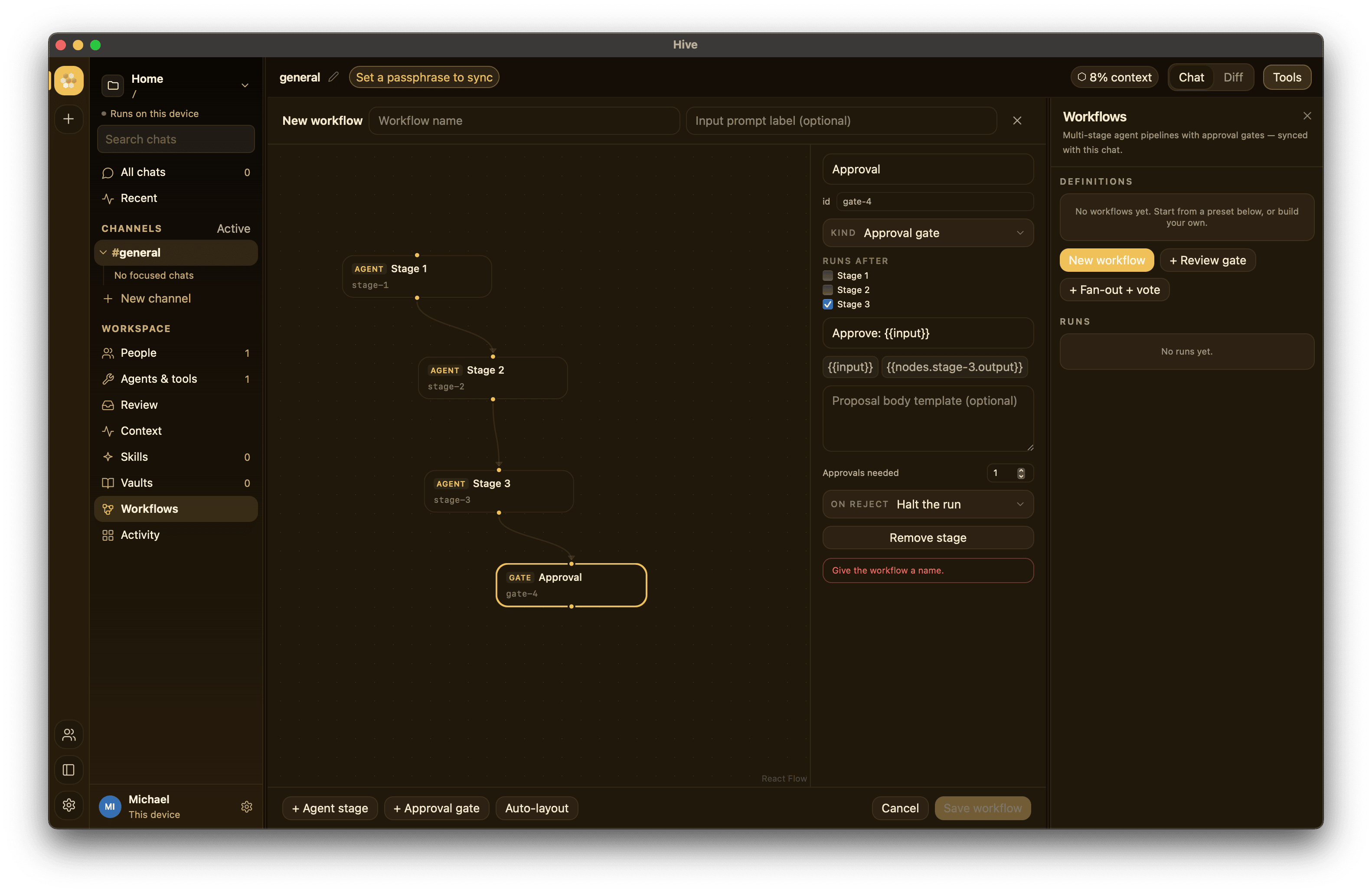 The workflow builder — a multi-stage DAG with an approval gate